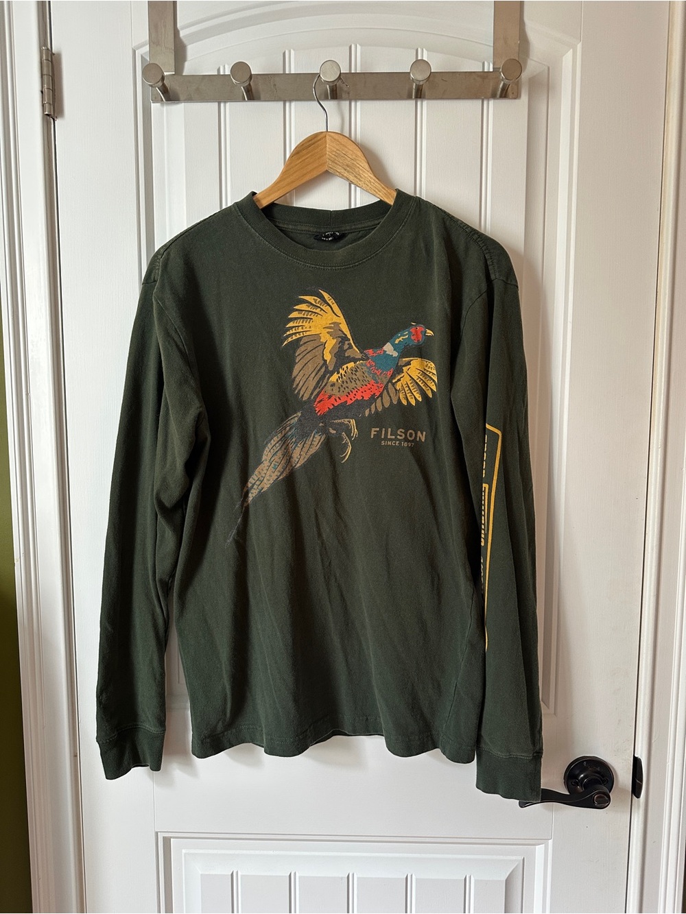Filson Dark Green Long-Sleeve Shirt with Colorful Pheasant Graphic